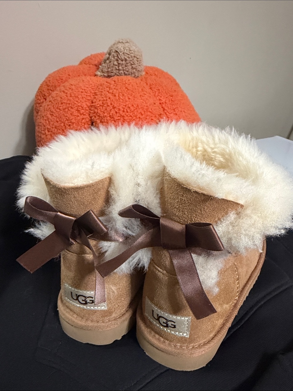 UGG Kids Chestnut Suede Shearling Boots with Brown Ribbon Bows